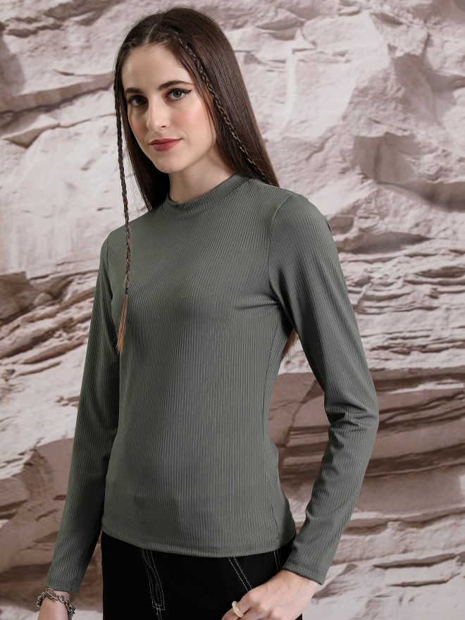 Tokyo Talkies Women Olive Solid Fitted Tops 