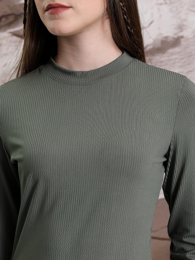 Tokyo Talkies Women Olive Solid Fitted Tops 