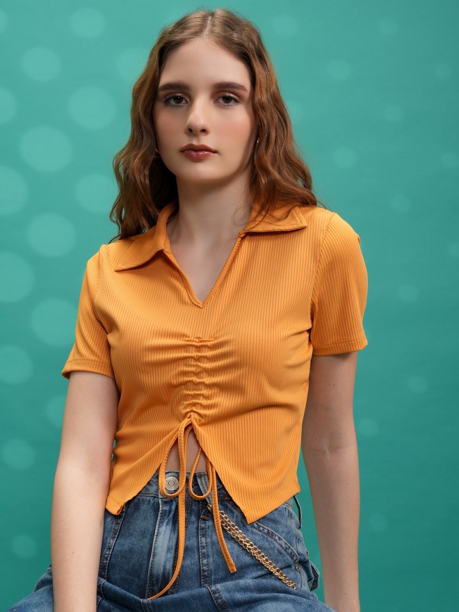 Tokyo Talkies Women Yellow Solid Shirt Style Tops 