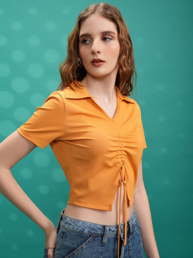 Tokyo Talkies Women Yellow Solid Shirt Style Tops 