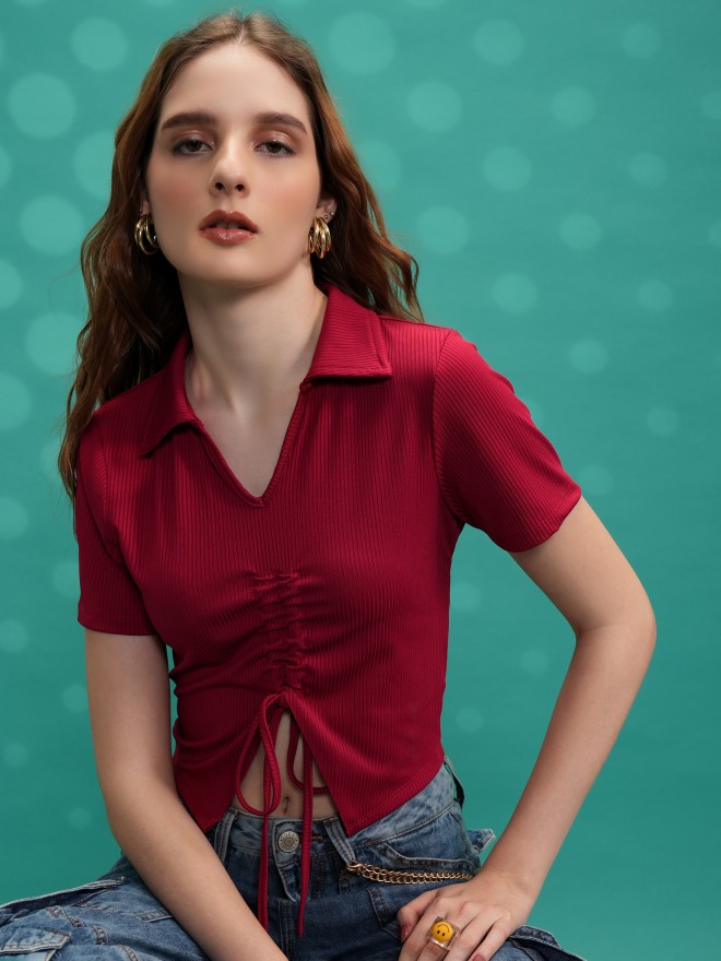 Tokyo Talkies Women Red Solid Shirt Style Tops 