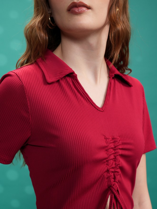 Tokyo Talkies Women Red Solid Shirt Style Tops 