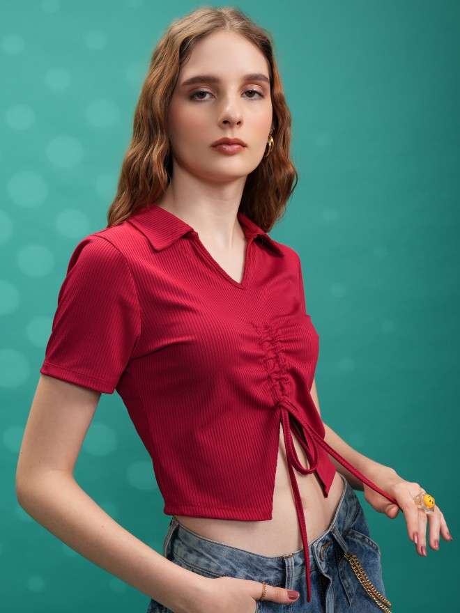 Tokyo Talkies Women Red Solid Shirt Style Tops 