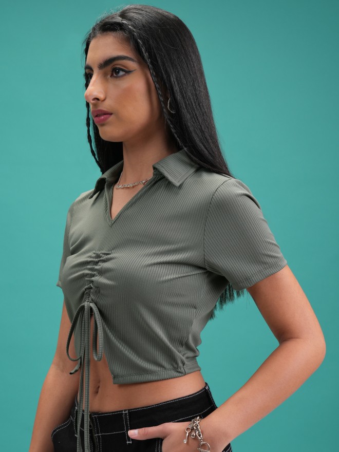 Tokyo Talkies Women Olive Solid Shirt Style Tops 