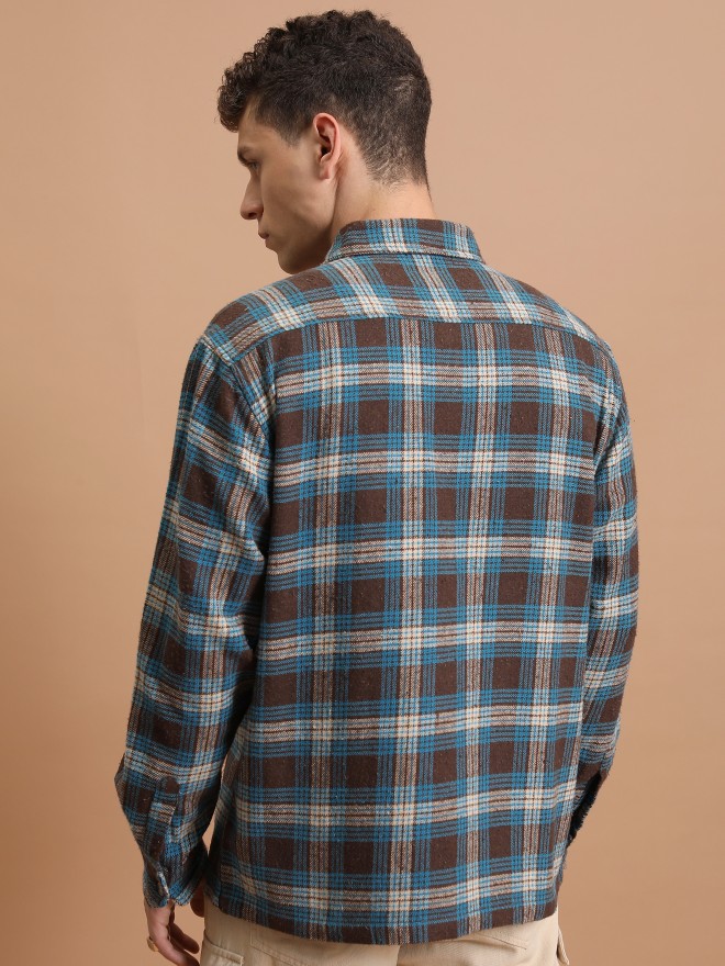 Highlander Men Brown Checked Oversized Fit Casual Shirts 