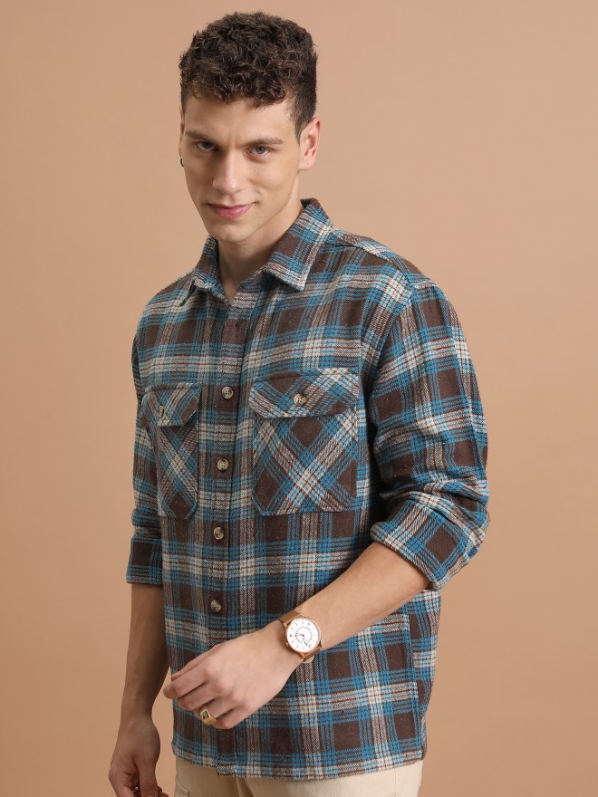 Buy Highlander Brown/Blue Checked Oversized Fit Casual Shirt for Men ...