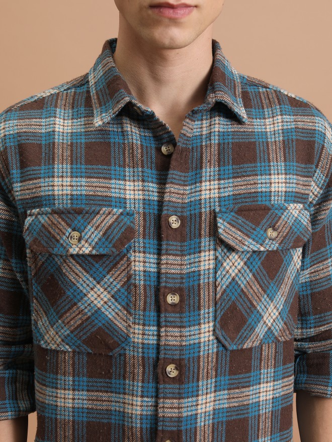 Buy Highlander Brown/Blue Checked Oversized Fit Casual Shirt for Men ...