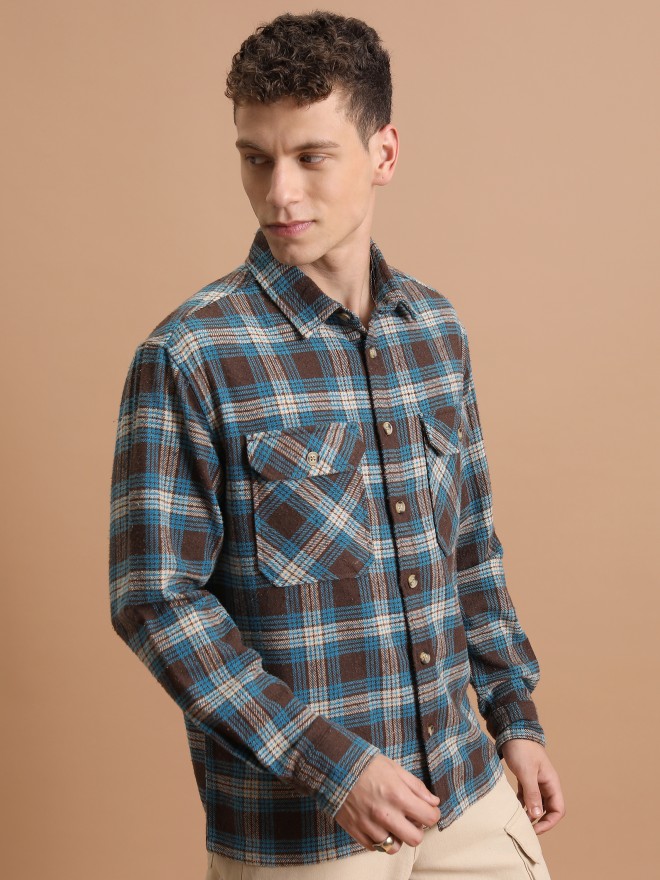 Highlander Men Brown Checked Oversized Fit Casual Shirts 