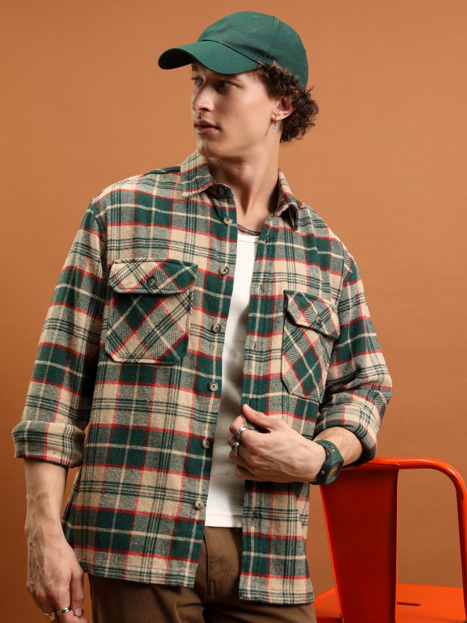 Buy Highlander Beige/Green Checked Oversized Fit Casual Shirt for Men ...