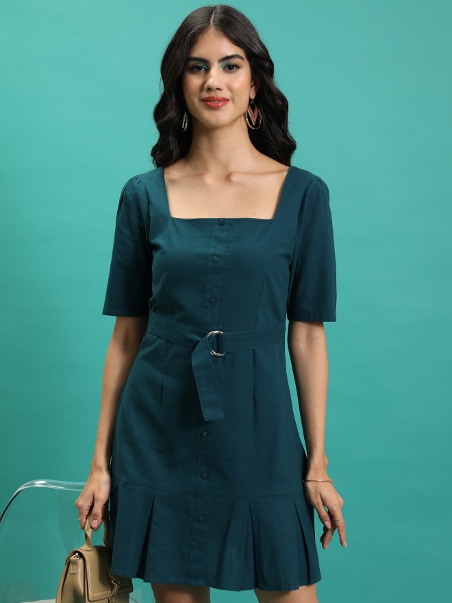 Tokyo Talkies Women Teal Solid Sheath Dresses 