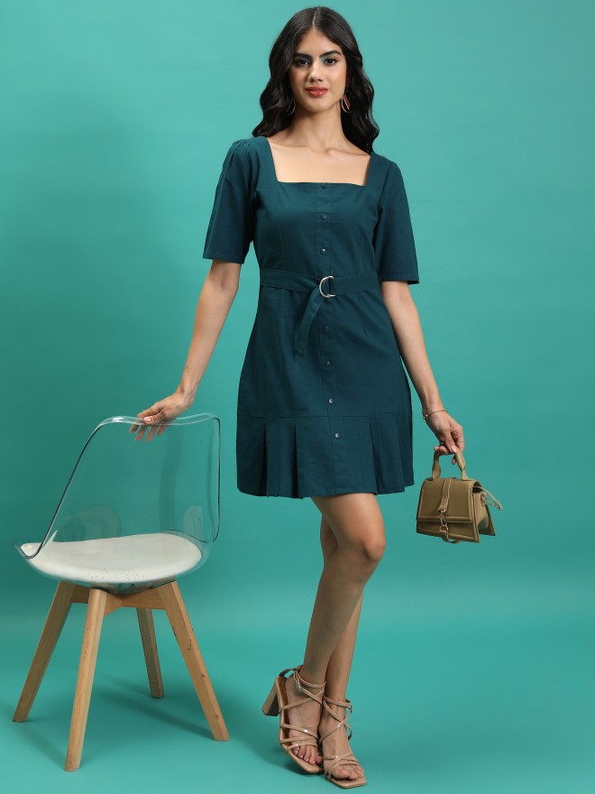 Tokyo Talkies Women Teal Solid Sheath Dresses 