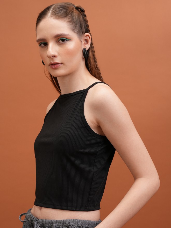 Tokyo Talkies Women Black Solid Fitted Tops 