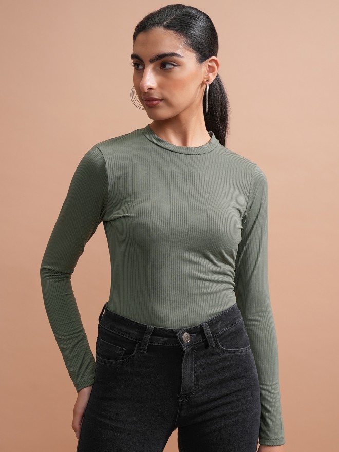 Tokyo Talkies Women Olive Solid Fitted Tops 