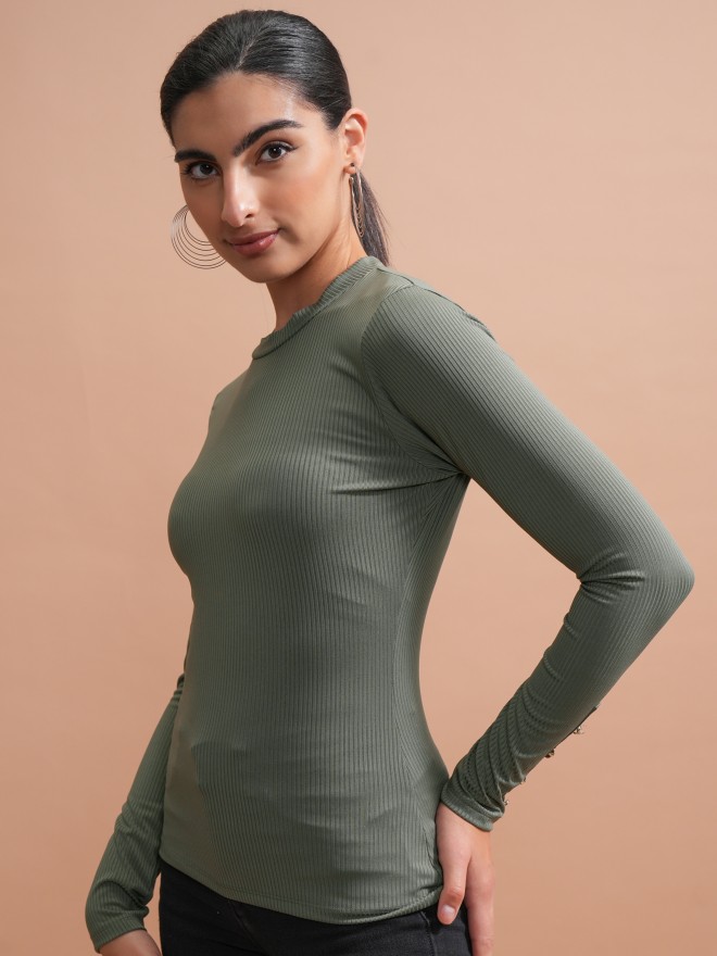 Tokyo Talkies Women Olive Solid Fitted Tops 