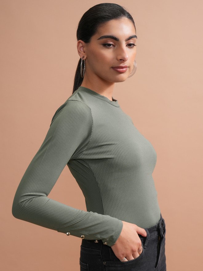 Tokyo Talkies Women Olive Solid Fitted Tops 