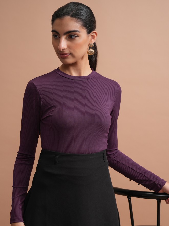 Tokyo Talkies Women Purple Solid Fitted Tops 