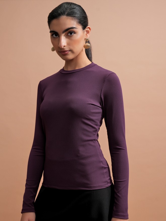 Tokyo Talkies Women Purple Solid Fitted Tops 