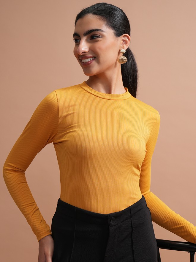 Tokyo Talkies Women Yellow Solid Fitted Tops 