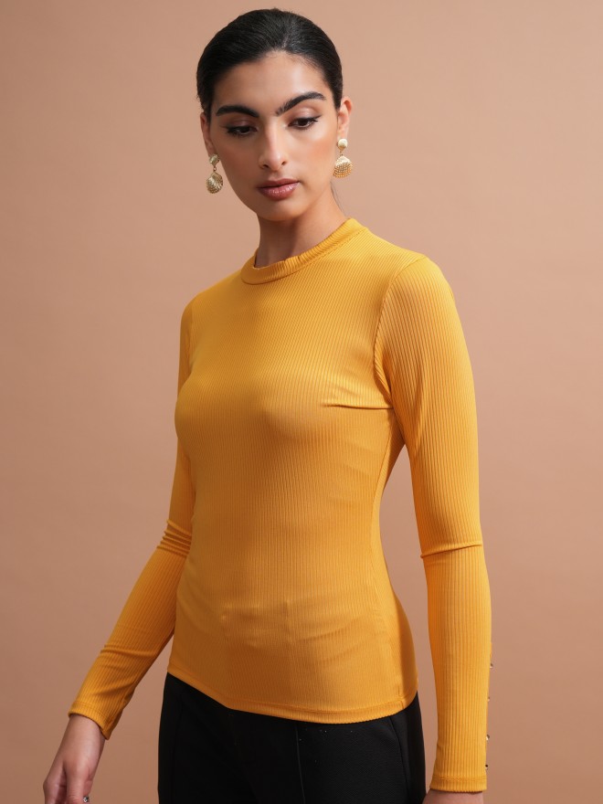 Tokyo Talkies Women Yellow Solid Fitted Tops 