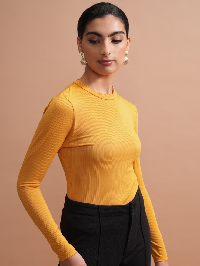 Tokyo Talkies Women Yellow Solid Fitted Tops 