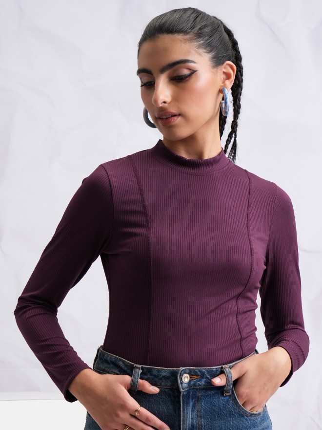 Tokyo Talkies Women Purple Solid Fitted Tops 