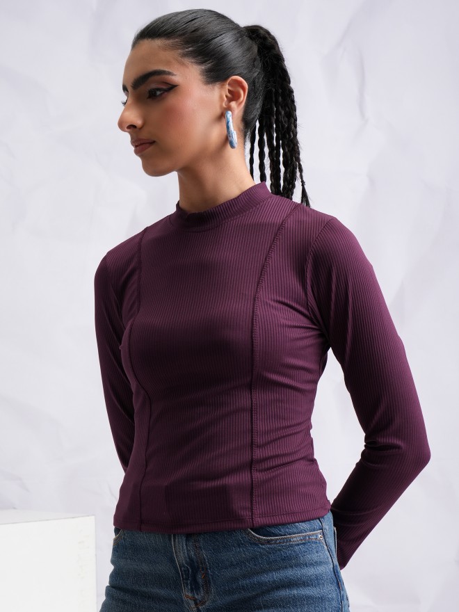 Tokyo Talkies Women Purple Solid Fitted Tops 