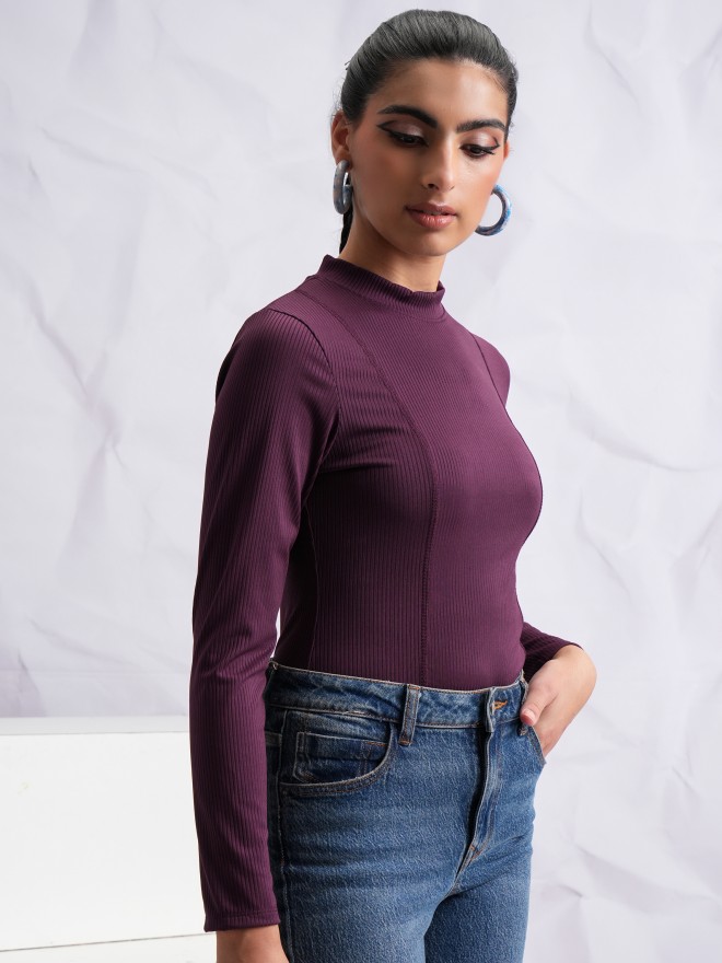 Tokyo Talkies Women Purple Solid Fitted Tops 