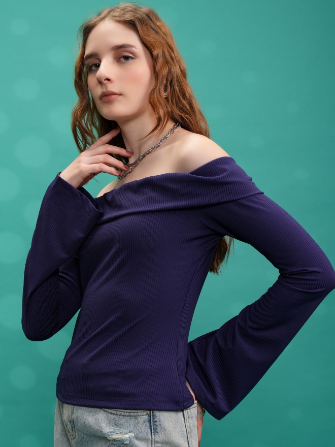 Tokyo Talkies Women Purple Solid Fitted Tops 