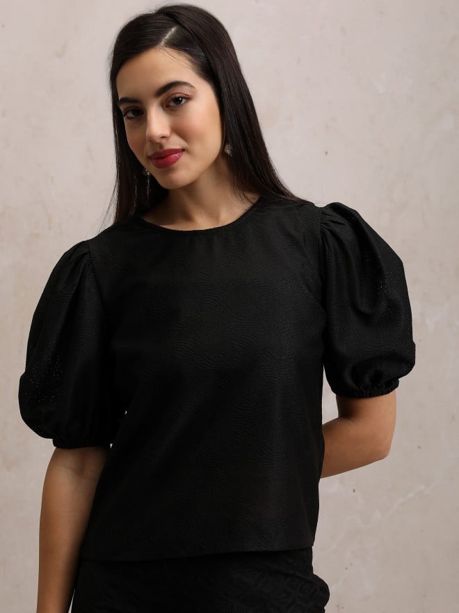 Tokyo Talkies Women Black Self Design Regular Tops 