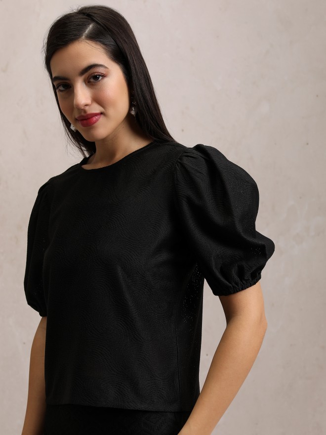 Tokyo Talkies Women Black Self Design Regular Tops 