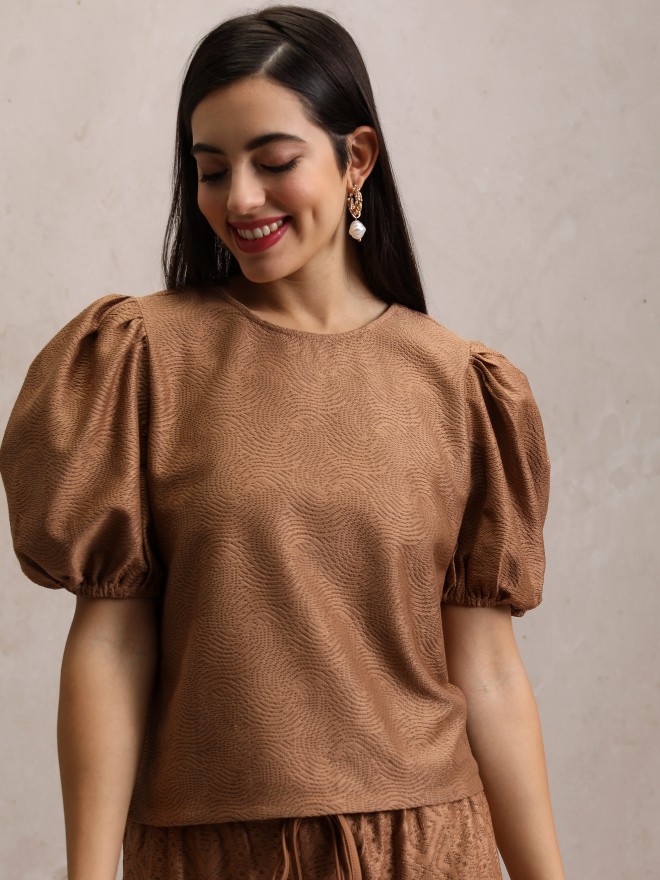 Tokyo Talkies Women Brown Self Design Regular Tops 