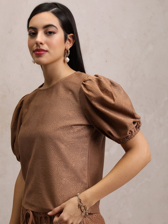 Tokyo Talkies Women Brown Self Design Regular Tops 