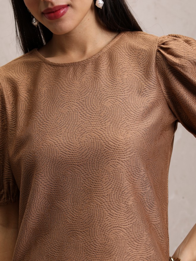 Tokyo Talkies Women Brown Self Design Regular Tops 