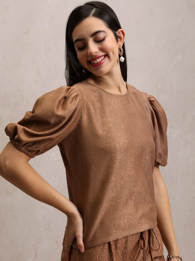 Tokyo Talkies Women Brown Self Design Regular Tops 