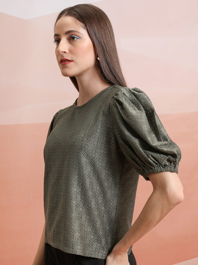 Tokyo Talkies Women Olive Self Design Regular Tops 