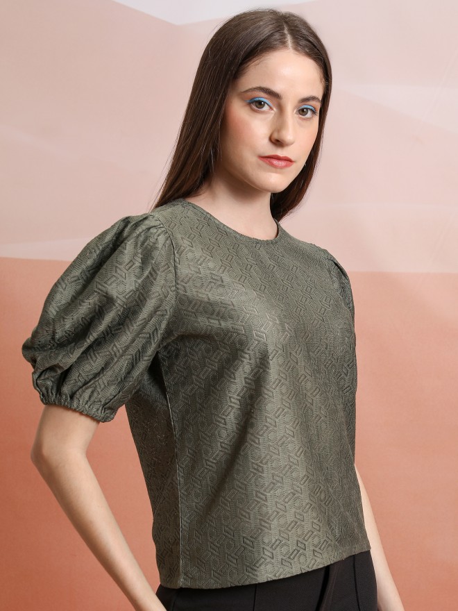 Tokyo Talkies Women Olive Self Design Regular Tops 