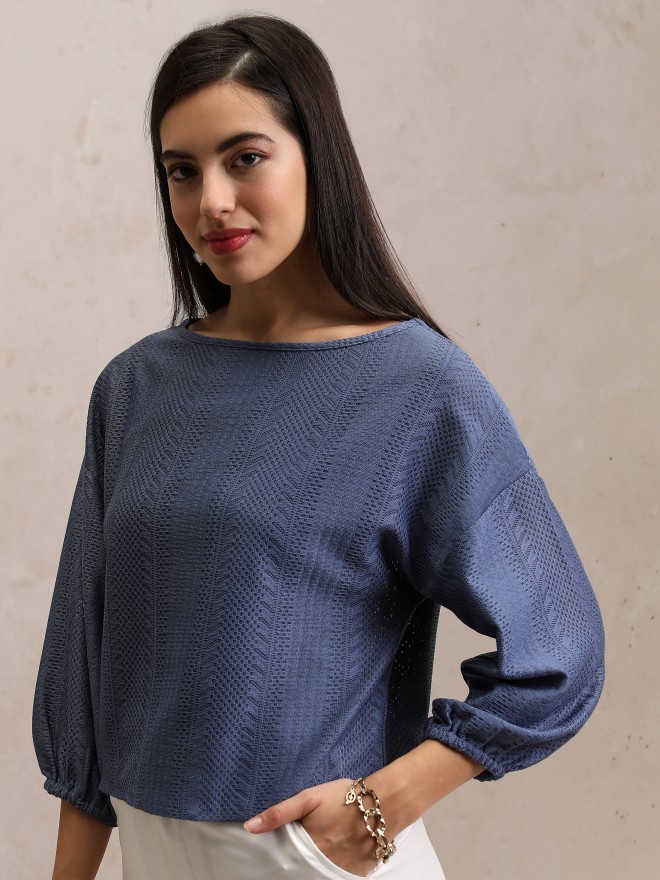 Tokyo Talkies Women Blue Self Design Regular Tops 