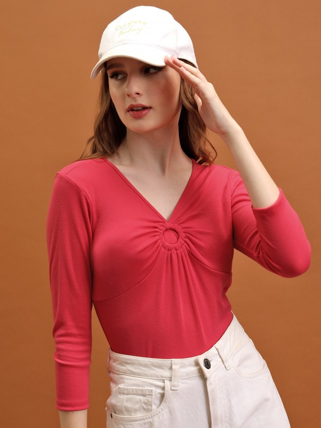 Tokyo Talkies Women Pink Solid Fitted Tops 