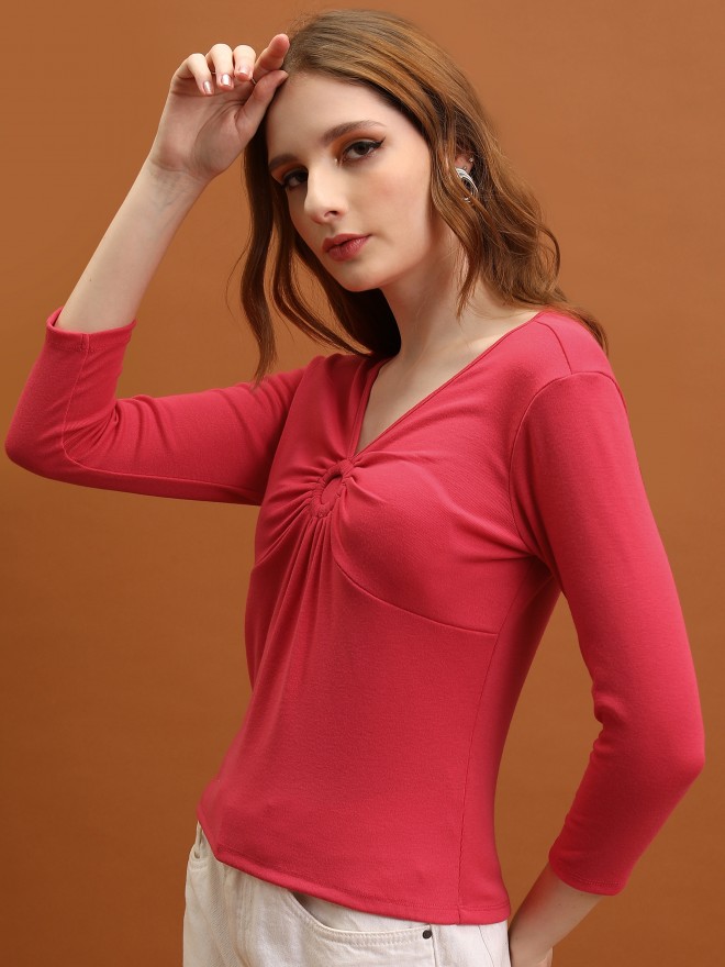 Tokyo Talkies Women Pink Solid Fitted Tops 