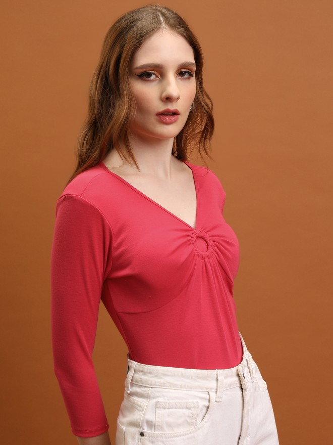 Tokyo Talkies Women Pink Solid Fitted Tops 