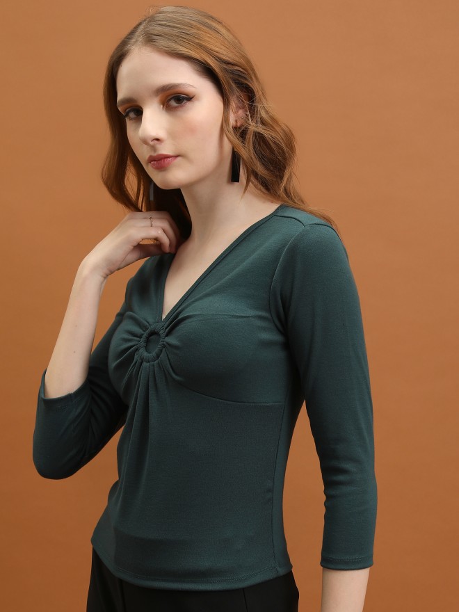 Tokyo Talkies Women Green Solid Fitted Tops 