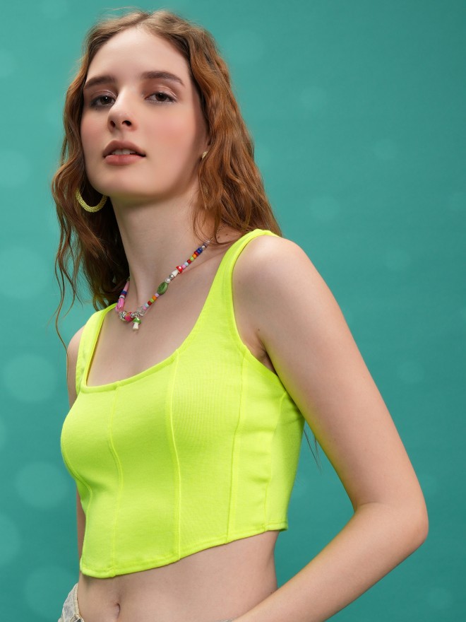 Tokyo Talkies Women Green Solid Fitted Tops 