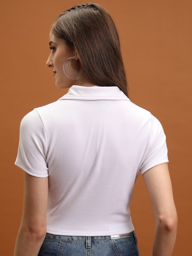 Tokyo Talkies Women White Solid Fitted Tops 