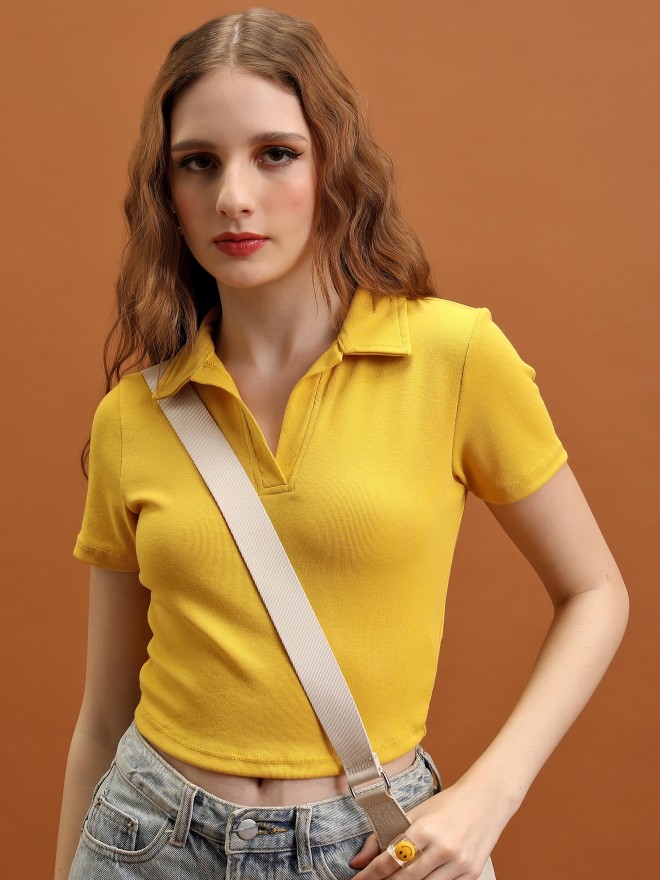 Tokyo Talkies Women Mustard Solid Fitted Tops 