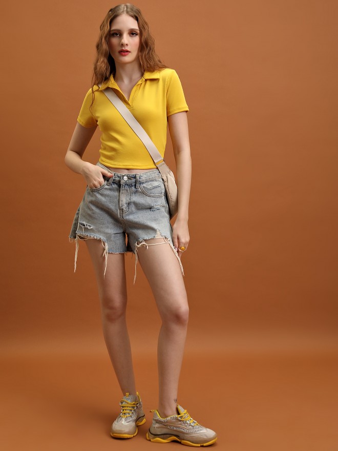 Tokyo Talkies Women Mustard Solid Fitted Tops 