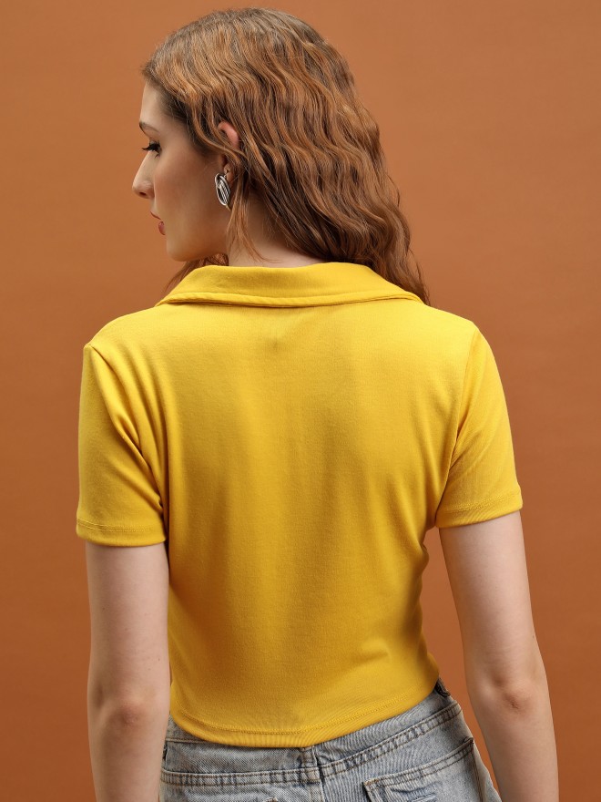 Tokyo Talkies Women Mustard Solid Fitted Tops 