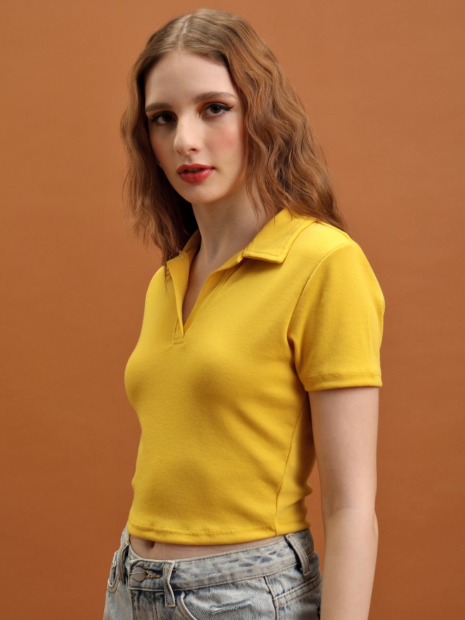 Tokyo Talkies Women Mustard Solid Fitted Tops 