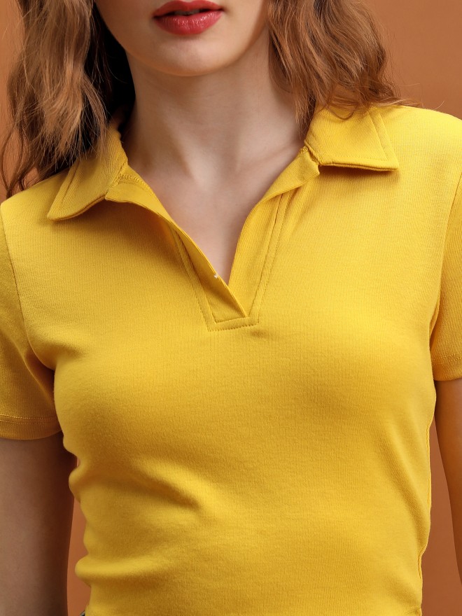 Tokyo Talkies Women Mustard Solid Fitted Tops 