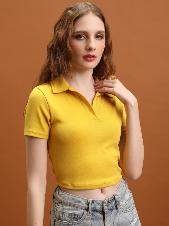 Tokyo Talkies Women Mustard Solid Fitted Tops 