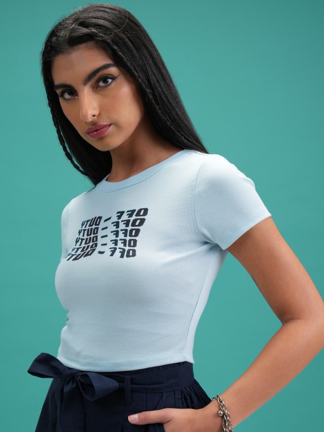 Tokyo Talkies Women Blue Printed Fitted Tops 